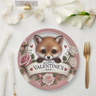 Adorable Fox Illustration with Roses Paper Plates