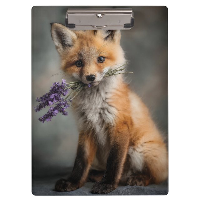 Adorable Fox Kit Holding Lavender Flowers Clipboard (Front)