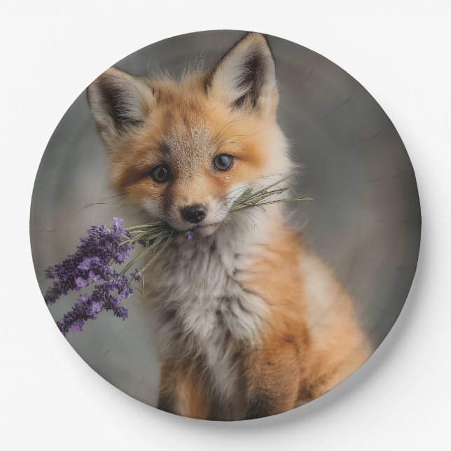 Adorable Fox Kit Holding Lavender Flowers Paper Plates (Front)