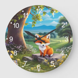 Adorable Fox Sitting Under Tree-68563 Large Clock