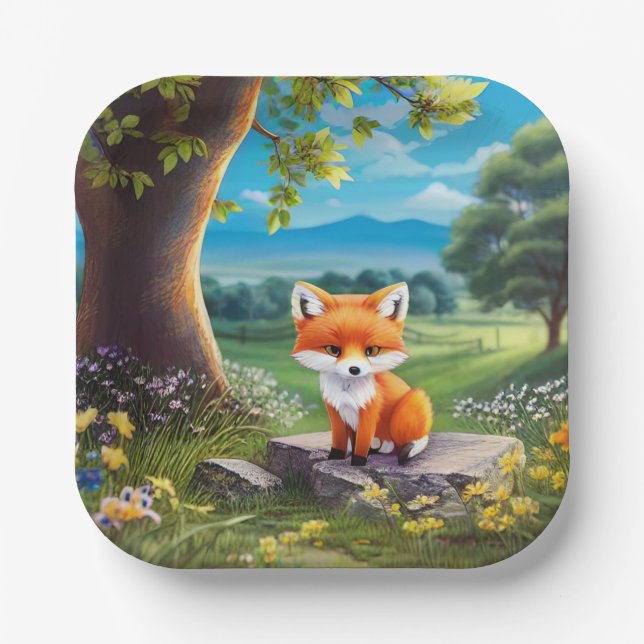 Adorable Fox Sitting Under Tree-68563 Paper Plates (Front)