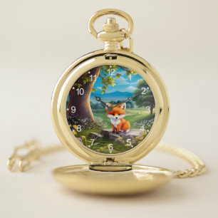 Adorable Fox Sitting Under Tree-68563 Pocket Watch