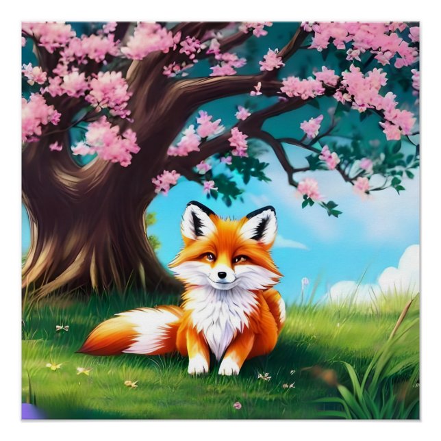 Adorable Fox Sitting Under Tree-68563 Poster (Front)