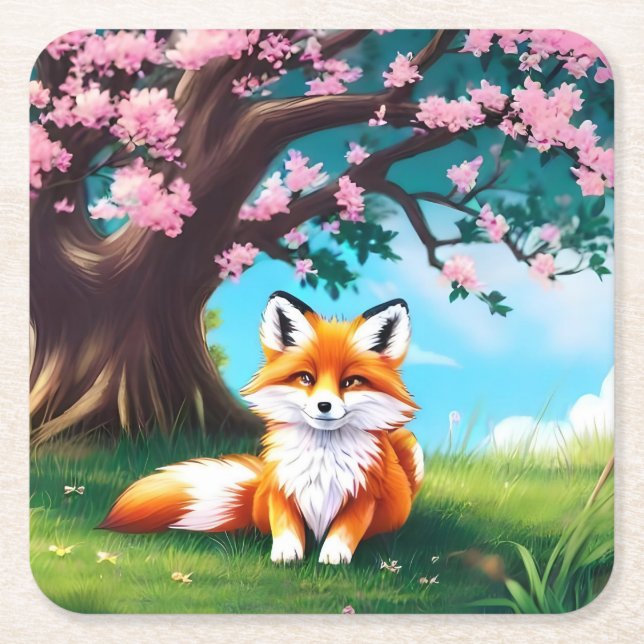 Adorable Fox Sitting Under Tree-68563 Square Paper Coaster (Front)