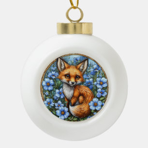 Adorable Fox Surrounded by Vibrant Blue Flowers Ceramic Ball Christmas Ornament