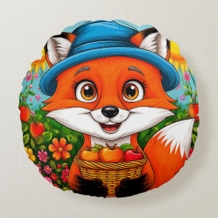 Adorable Fox With Basket of Apples Round Pillow