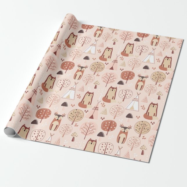 Adorable Foxes And Deer Wrapping Paper (Unrolled)