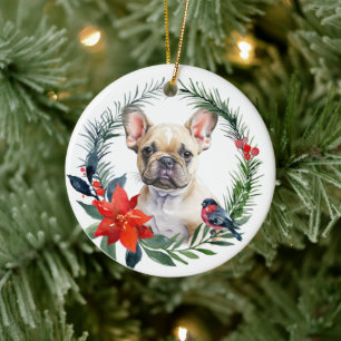 Adorable French Bulldog Pup Watercolor Poinsettia Ceramic Ornament