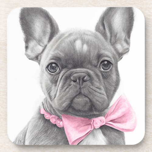 Adorable french bulldog puppy with a pink bow beverage coaster