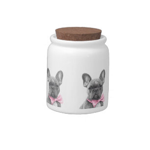 Adorable french bulldog puppy with a pink bow candy jar