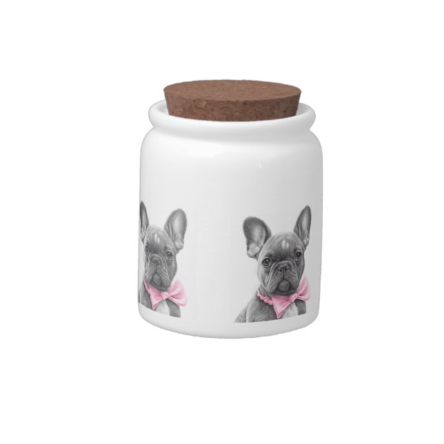 Adorable french bulldog puppy with a pink bow  candy jar (Left)