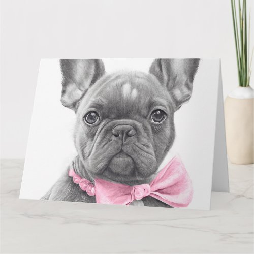 Adorable french bulldog puppy with a pink bow card