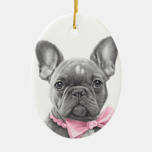 Adorable french bulldog puppy with a pink bow ceramic ornament
