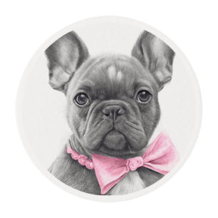 Adorable french bulldog puppy with a pink bow   edible frosting rounds