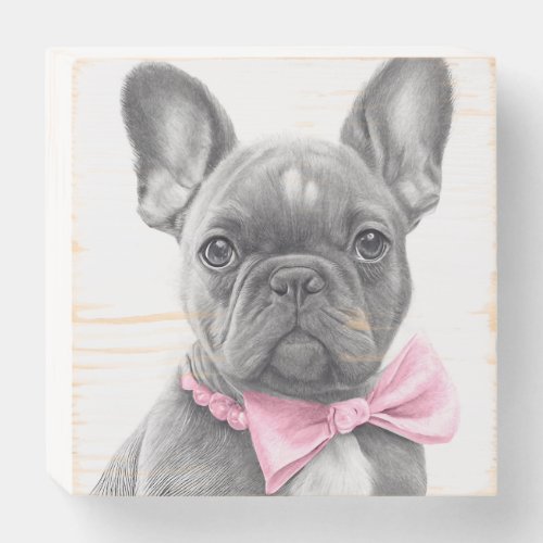 Adorable french bulldog puppy with a pink bow faux wooden box sign