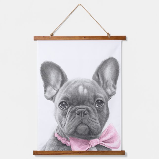 Adorable french bulldog puppy with a pink bow hanging tapestry (Front)