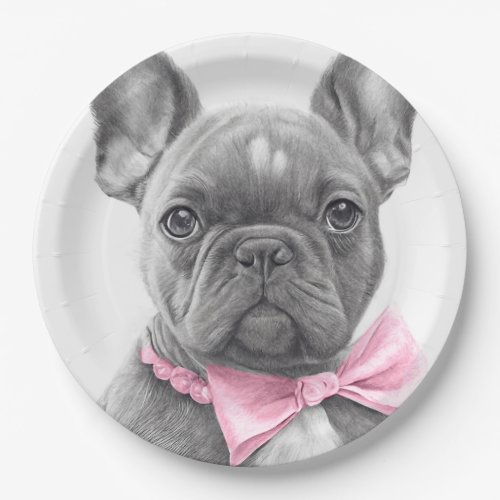 Adorable french bulldog puppy with a pink bow  paper plates