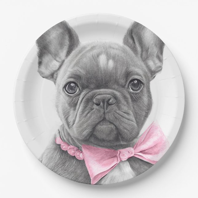 Adorable french bulldog puppy with a pink bow  paper plates (Front)
