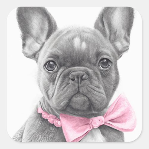 Adorable french bulldog puppy with a pink bow square sticker