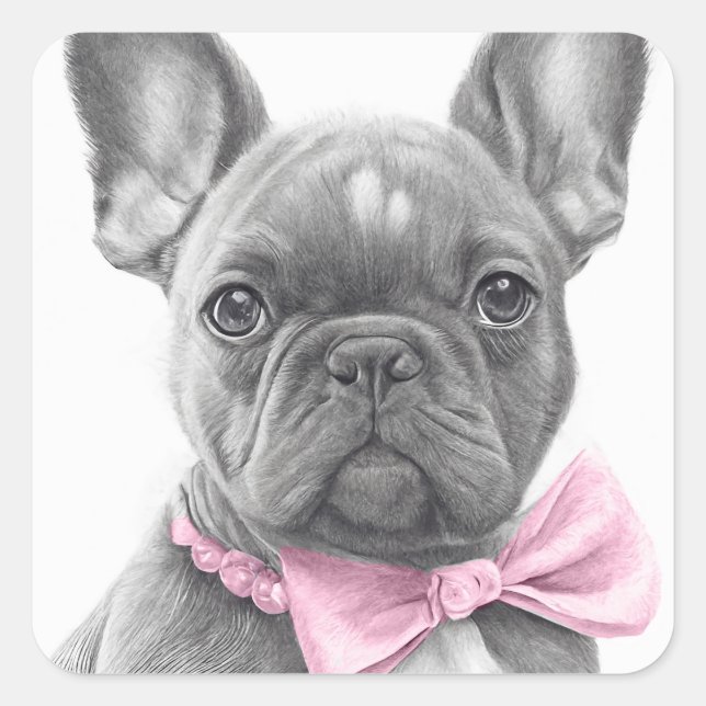 Adorable french bulldog puppy with a pink bow square sticker (Front)
