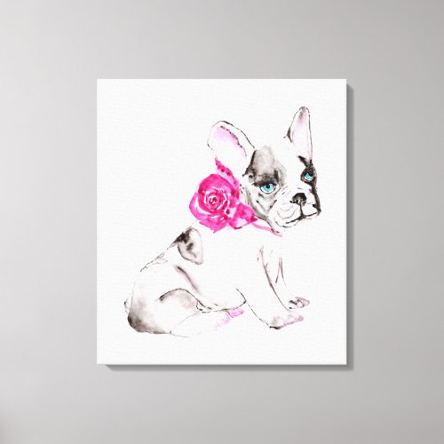 Adorable French Bulldog Puppy with Hot Pink Rose _ Canvas Print