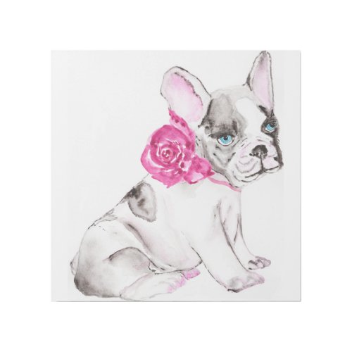 Adorable French Bulldog Puppy with Hot Pink Rose _ Gallery Wrap
