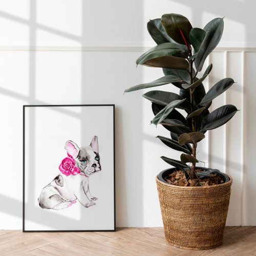 Adorable French Bulldog Puppy with Hot Pink Rose _ Poster