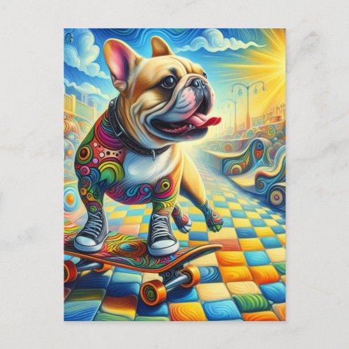 Adorable French Bulldog Skateboarding Colorful Postcard