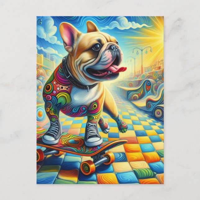 Adorable French Bulldog Skateboarding Colorful Postcard (Front)