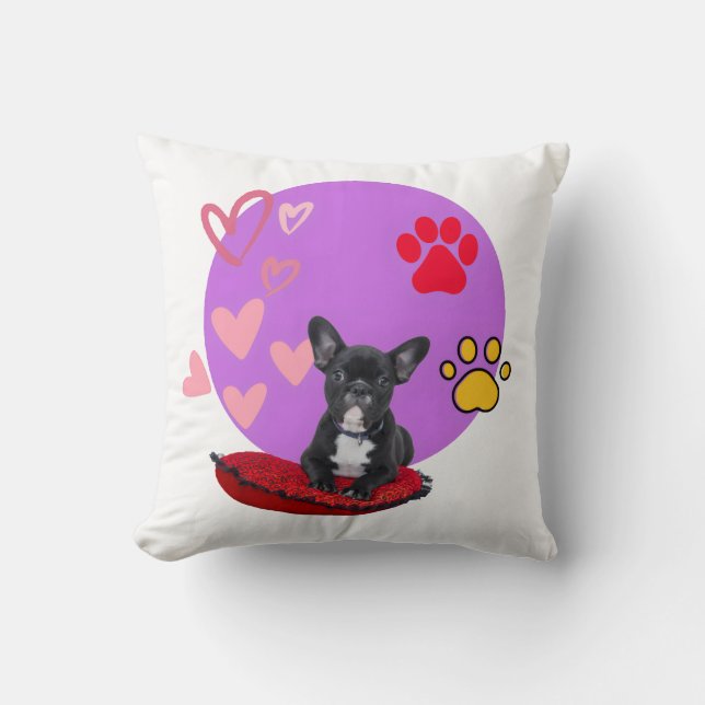 Adorable Frenchie Puppy with Hearts  Throw Pillow (Front)