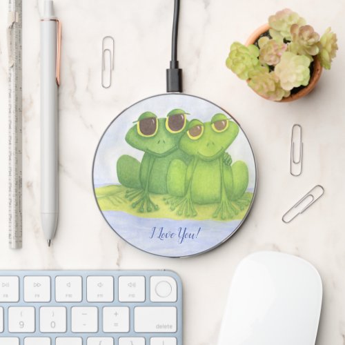 Adorable Frog Lovers Illustration Wireless Charger