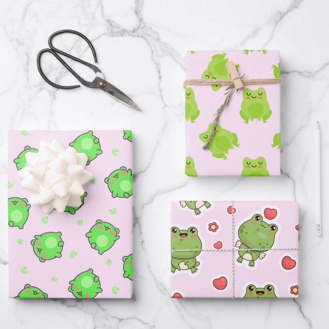 Adorable Frogs Collection - Cute Frog-Themed Wrapping Paper Sheets (Front)