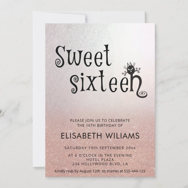 Adorable fun cat rose gold glittery ombre  invitat invitation (Front)