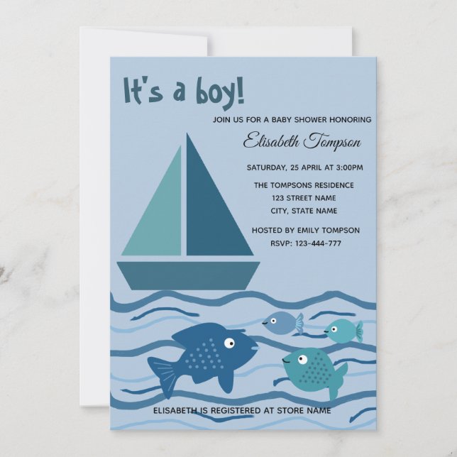 Adorable fun navy ship and fishes boy baby shower invitation (Front)