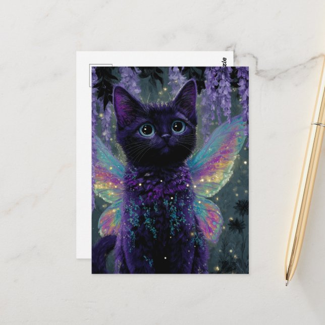 Adorable Funny Cute Black Cat Fairy Postcard (Front/Back In Situ)