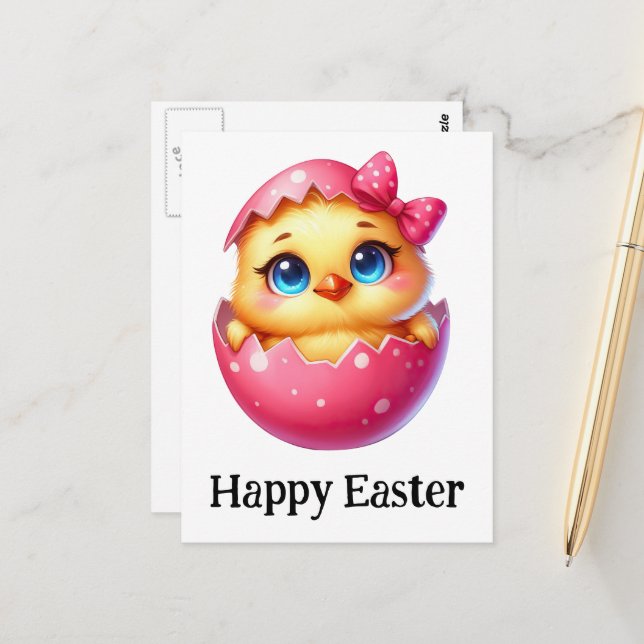 Adorable Funny Cute Easter Baby Chick Pink Egg Postcard (Front/Back In Situ)