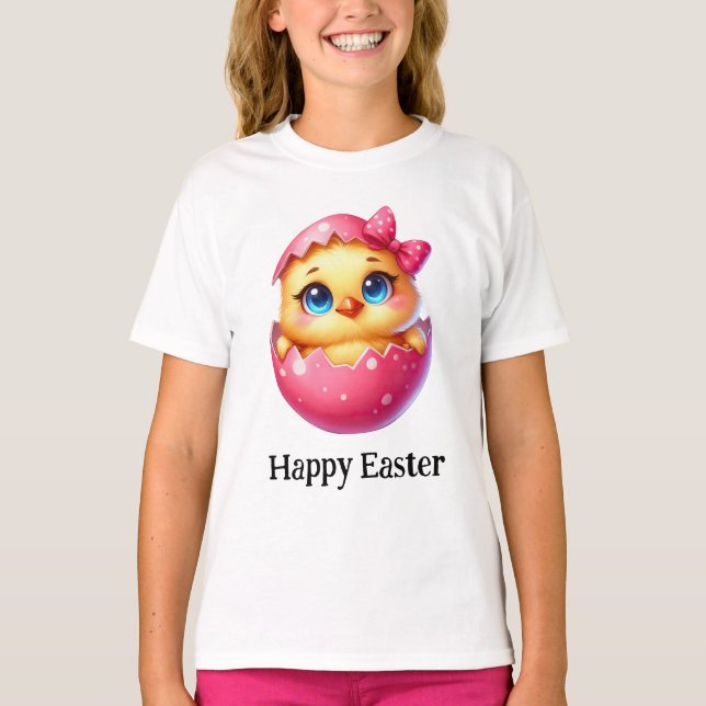 Adorable Funny Cute Easter Baby Chick Pink Egg T-Shirt (Front)