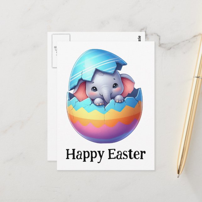 Adorable Funny Cute Easter Baby Elephant Postcard (Front/Back In Situ)