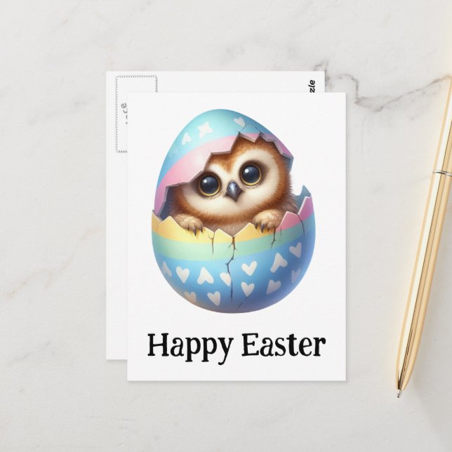 Adorable Funny Cute Easter Owl Postcard (Front/Back In Situ)
