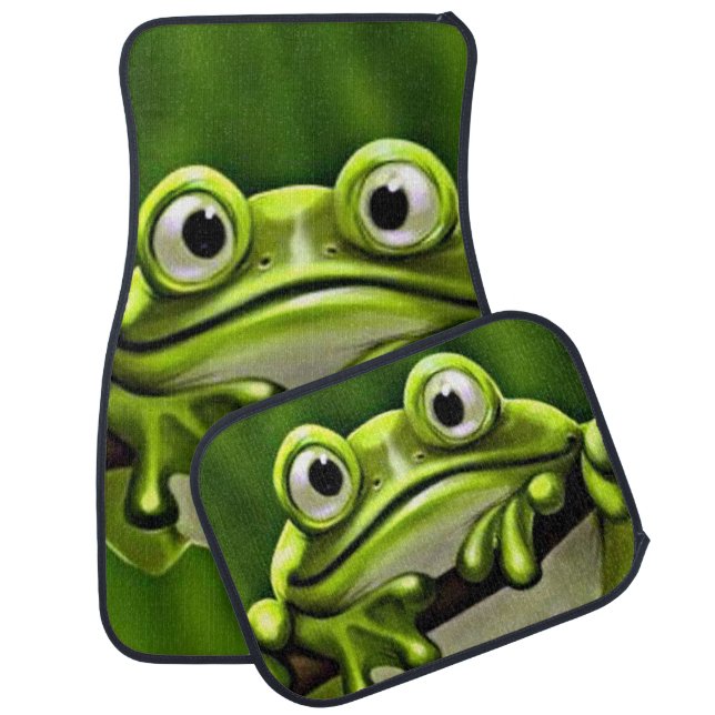 Adorable Funny Cute Green Frog In Tree Cartoon Art Car Floor Mat (Set)