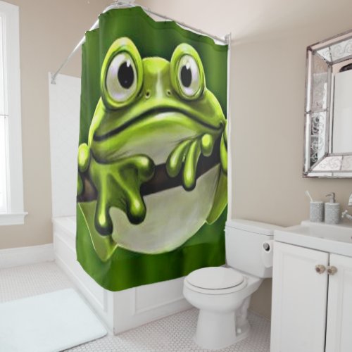 Adorable Funny Cute Green Frog In Tree Cartoon Art Shower Curtain