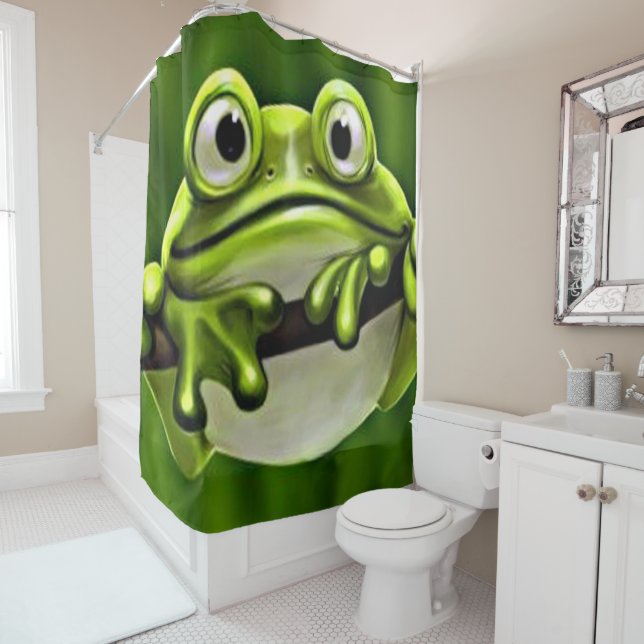 Adorable Funny Cute Green Frog In Tree Cartoon Art Shower Curtain (In Situ)