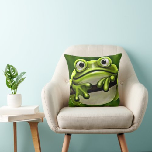 Adorable Funny Cute Green Frog In Tree Cartoon Art Throw Pillow