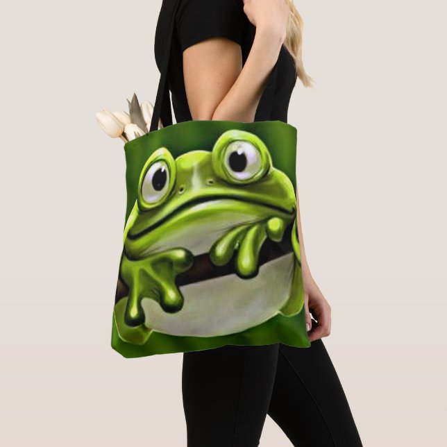 Adorable Funny Cute Green Frog In Tree Cartoon Art Tote Bag (Close Up)