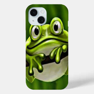 Adorable Funny Cute Smiling Green Frog In Tree iPhone 15 Case