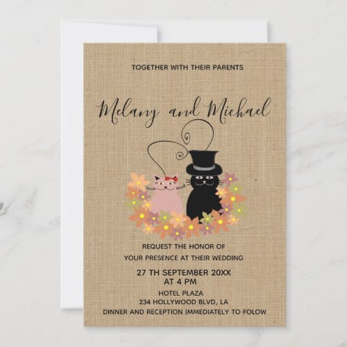 Adorable funny floral cartoon cats in love burlap invitation