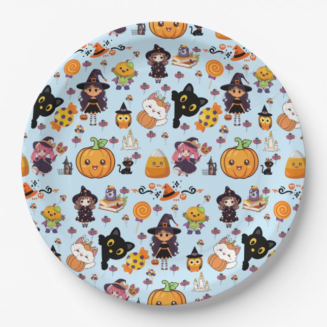 Adorable Funny Kawaii Halloween Pattern  Paper Plates (Front)