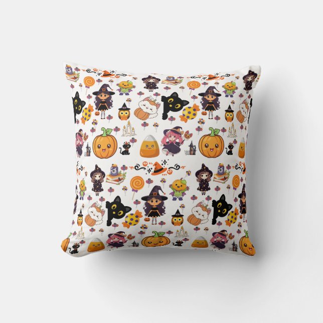Adorable Funny Kawaii Halloween Pattern  Throw Pillow (Front)