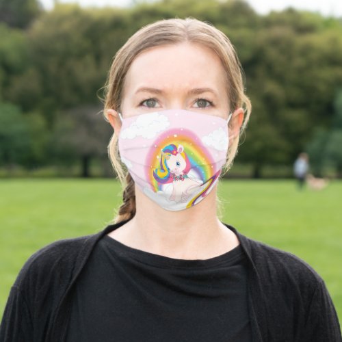 Adorable Funny Unicorn With Rainbow On Blush Adult Cloth Face Mask