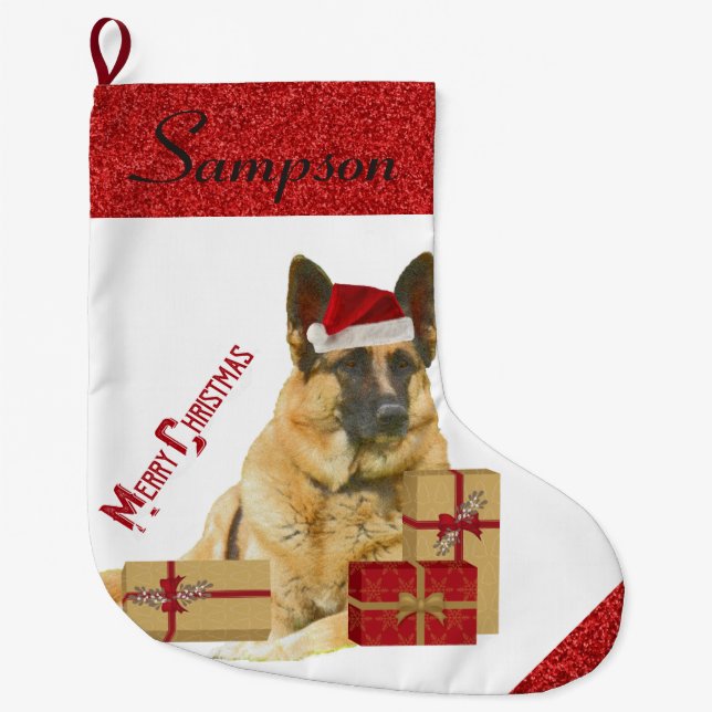Adorable German Shepherd in Santa Hat Large Christmas Stocking (Front)